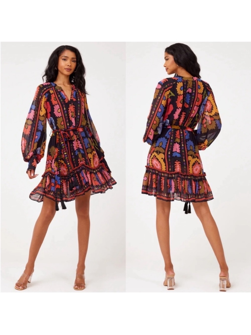 FARM Rio Black Multicolor Paisley-Print Ruffle Mini Dress